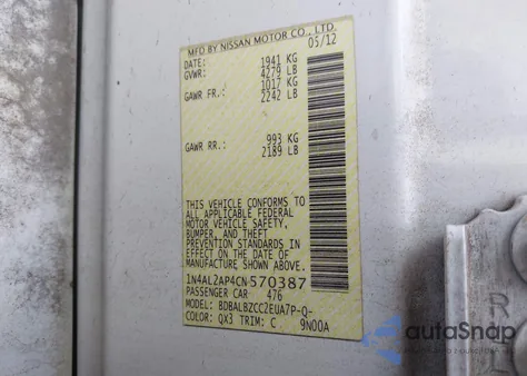 2012 Nissan Altima 2.5 S from USA, damaged, VIN 1N4AL2AP4CN570387